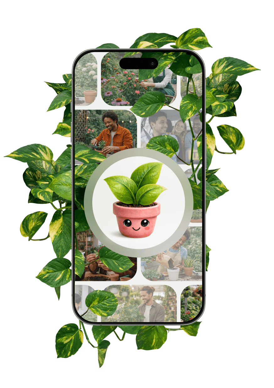 Botan app shown on a phone surrounded by tropical plants